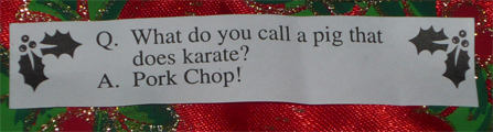 Christmas cracker joke - Pork Chop. ZING! Christmas cracker joke - Pork Chop. ZING!